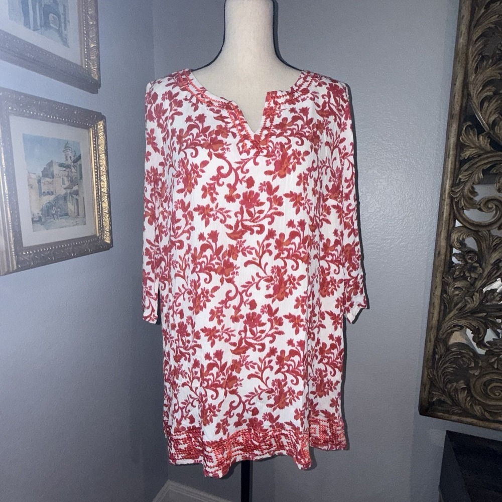 Magnolia Grace Boho Floral Gauzy Tunic Top Embroidered Womens 2X Vacation Resort